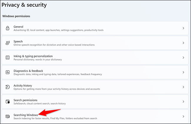 Click "Searching Windows" on the "Privacy & Security" page.