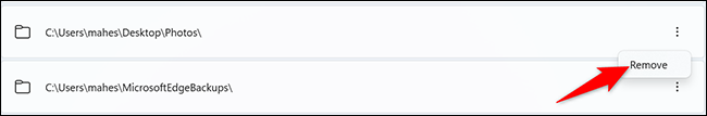 Select "Remove" for an excluded folder.