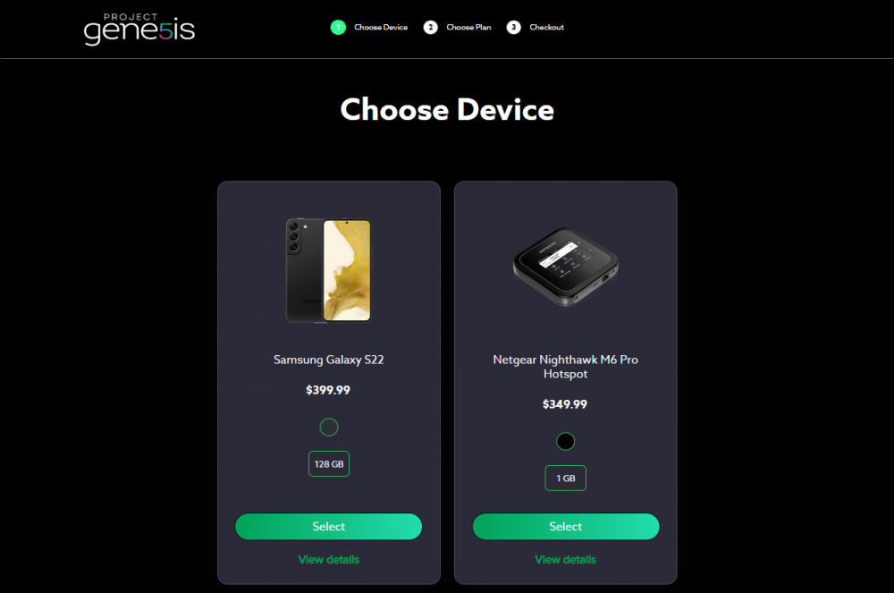 Device order page on Project Genesis site, showing a Galaxy S22 or a Netgear hotspot