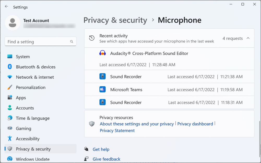 image of a privacy page in the Windows 11 settings