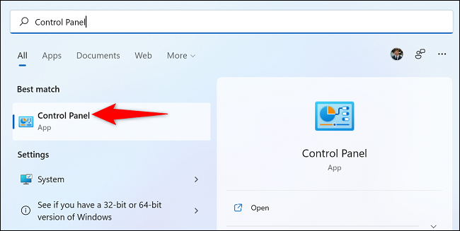 Select "Control Panel" in the search results.