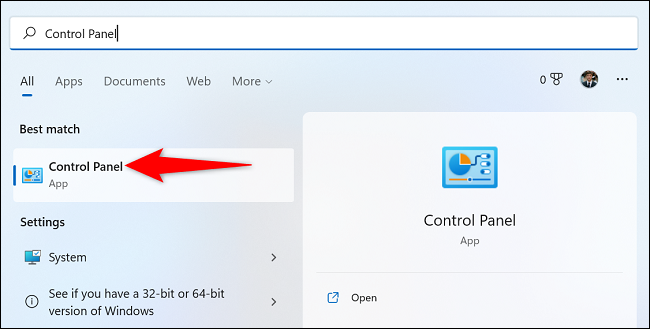 Control panel inside Windows 11 search results