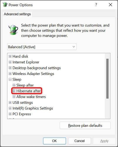 Sleep and hibernation settings on Windows 11 PC