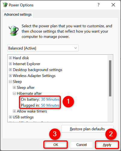 Hibernation time options on Windows 11 PC