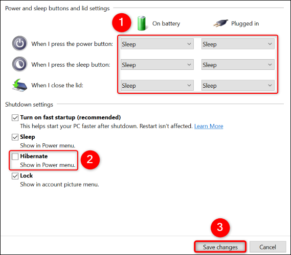 Turn off hibernation and select "Save Changes."