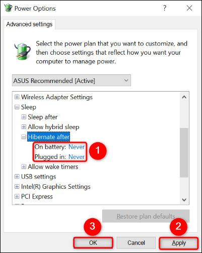 Disable hibernation and select "Apply" and "OK."