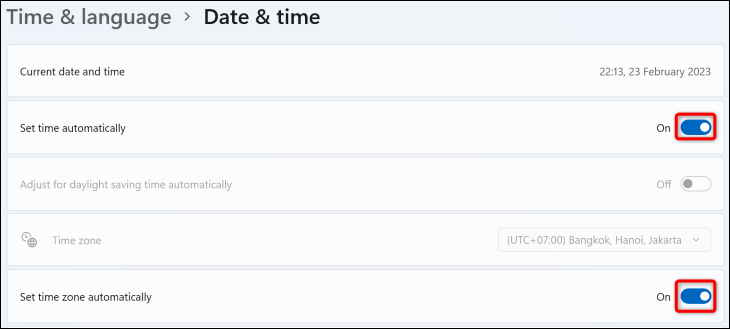 Turn on automatic date and time in Windows.