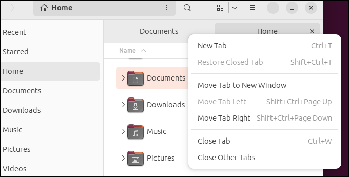 The Files browser tab context menu