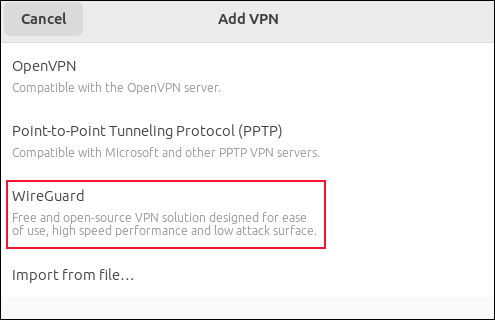 The Settings application's VPN dialog showing Wireguard as an option