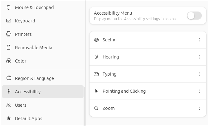 The Settings application's Accessibility pane showing the category groupings